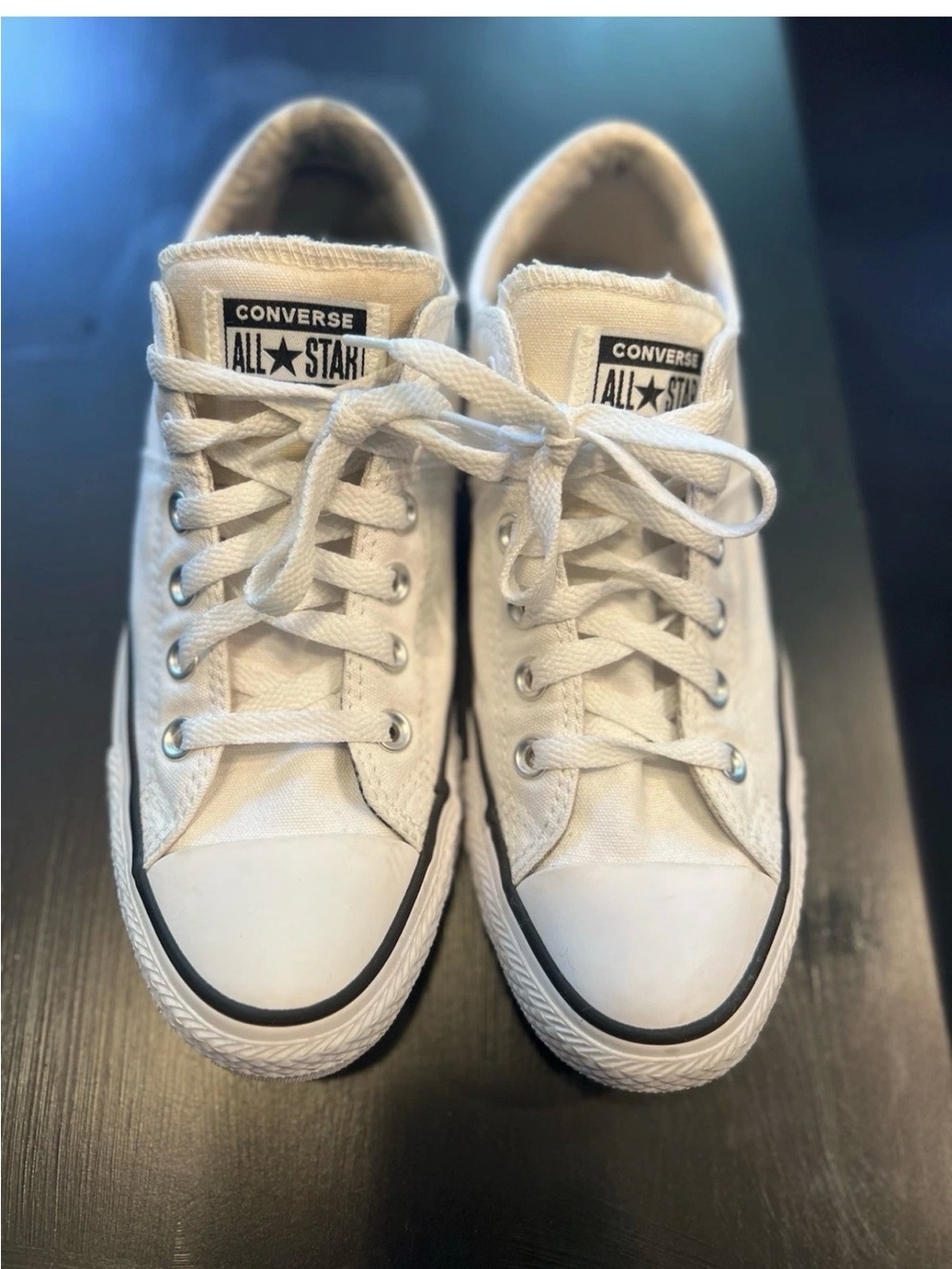 Converse Rave White Low Top Canvas Sneakers with Black Trim camo interior W8